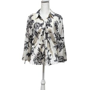 Talbots Floral Black and White Silk Collared Button Down Top